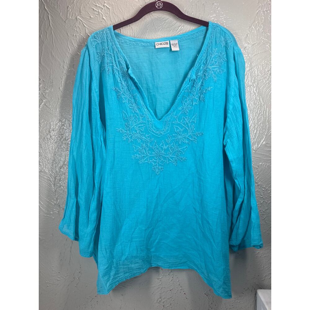 Chico's Blue Cotton Embroidered Floral V Neck Long Sleeve Blouse Size 3 US XL/16